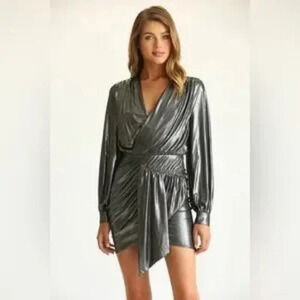 Fate Kaylee Silver Metallic Plunge Wrap Mini Dress Size M Medium